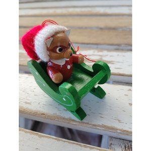 Bear sleigh vintage wooden ornament Santa Xmas holiday tree